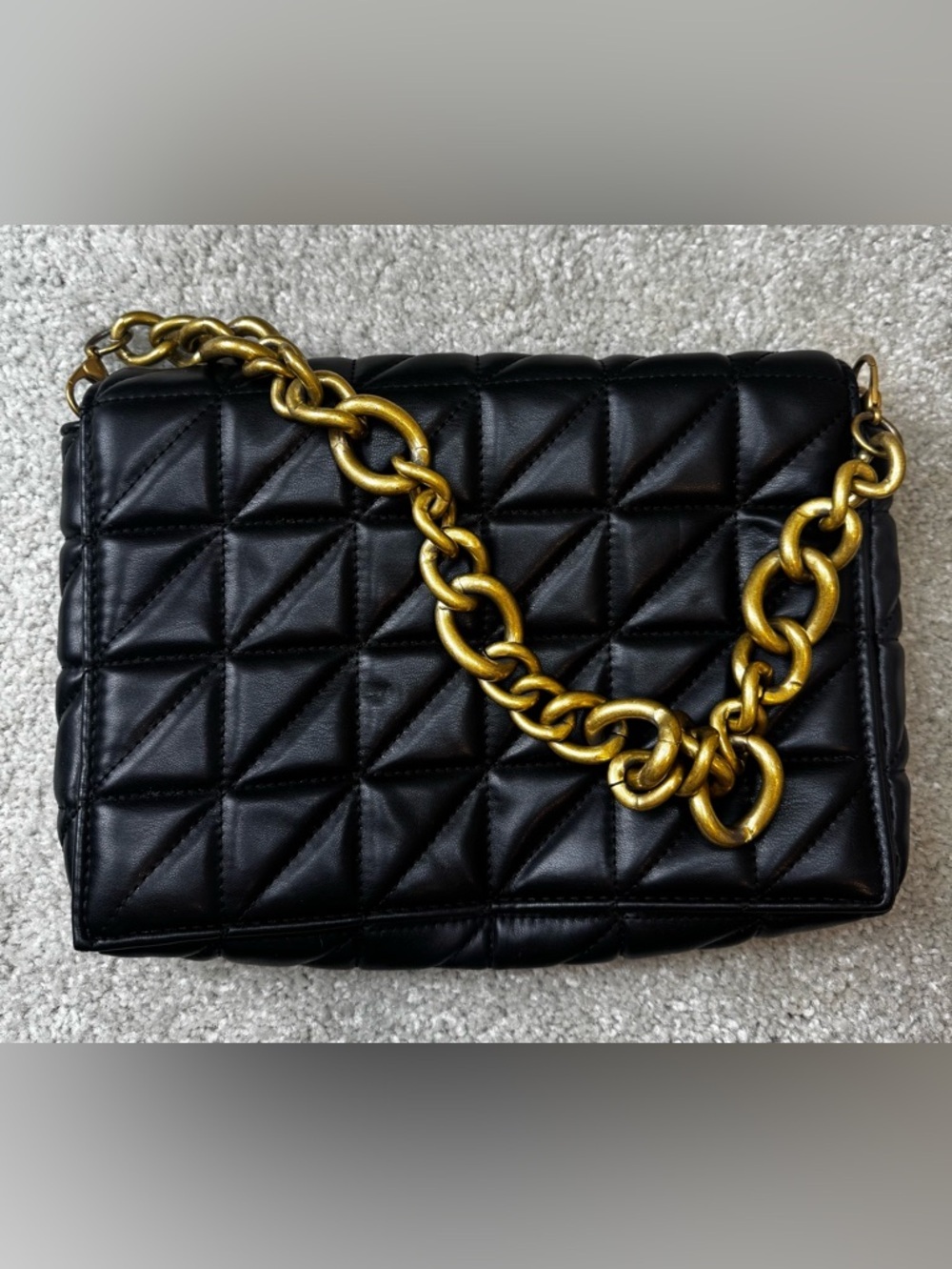 Zara Quilted Black Leather Shoulder Bag with removable Gold Chain